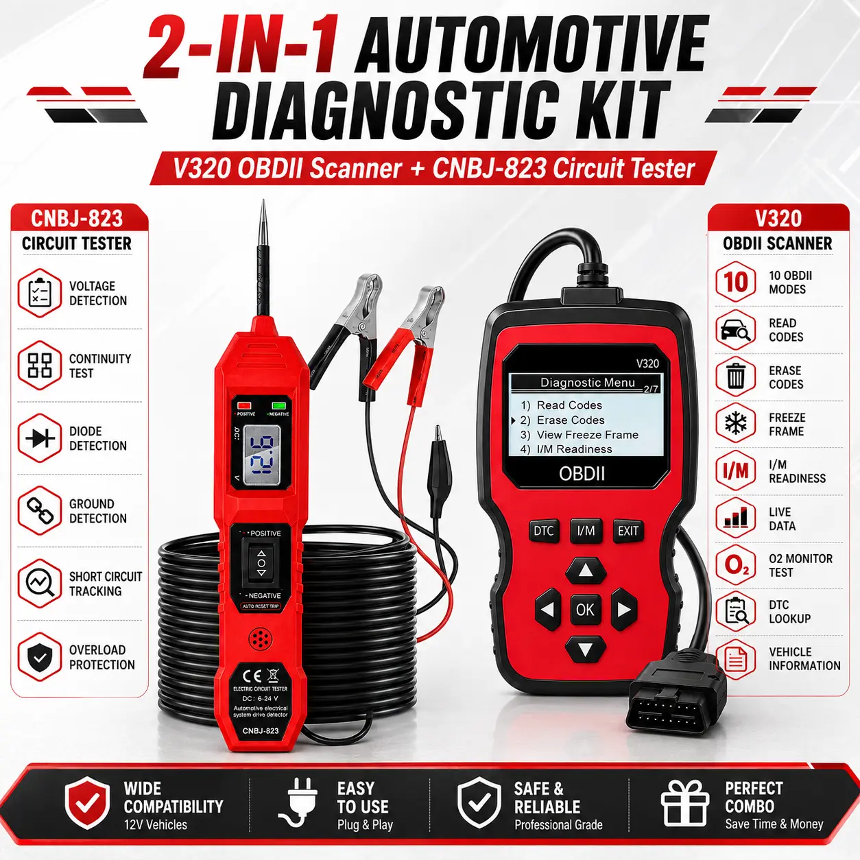 V320 OBD2 Scanner & CNBJ-823 Circuit Tester Combo Kit, Plug & Play Vehicle Diagnostic Tool for Auto Vehicles with 6-24V Range, Digital Display, Engine Diag., Code Reading & DTC Erasing Car Repair Tool