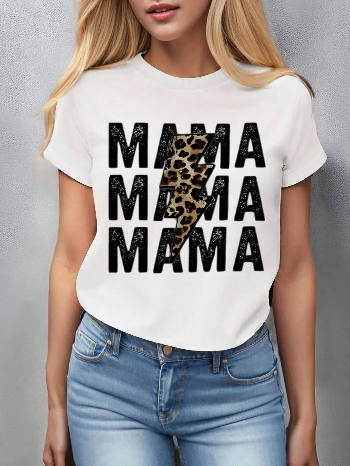Women's MAMA Lightning Leopard Print Short-Sleeve T-Shirt - Comfortable Daily Casual Top, Gift for Moms, Tshirt, Prints, Shortsleeve, Everyday, Fabric, Fit, Soft