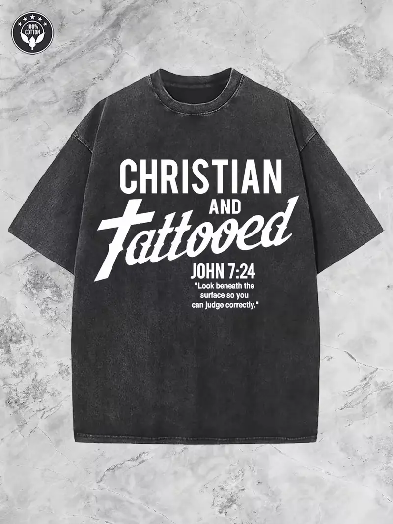 Women's 100% Washed Cotton Short-Sleeve Round Neck Oversized Tee - Christian John 7:24 Bold Print Tattooed Statement T-Shirt, Casual 1-Piece Womenswear Top, Shortsleeve, 100% Cotton, Oversized Fit, Faith Message