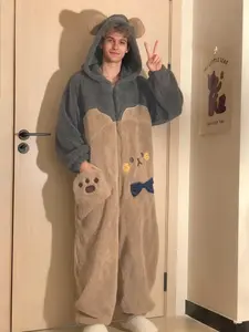 Men's Cartoon Cute Bear Hooded Jumpsuit, Cartoon Print Pajama, Unicorn Design Winter Role Play Onesie, Christmas Party Casual, Festive Fleece Overall