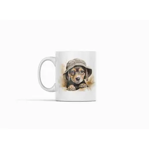 Decorative Ceramic Coffee Mug Beagle Art, White, Dog with Hat Design