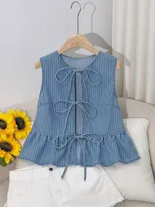Women's Denim Waistcoat Casual Tie-Up Bow Ruffle Hem Vest Blue Slim Fit Sleeveless Round Neck Short Top for Country Concert - Fabric
