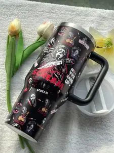 Ghostface Scream Horror Halloween Stainless Steel Tumbler 40oz Fan Bow Cup with Handle Travel Mug Gift For Her