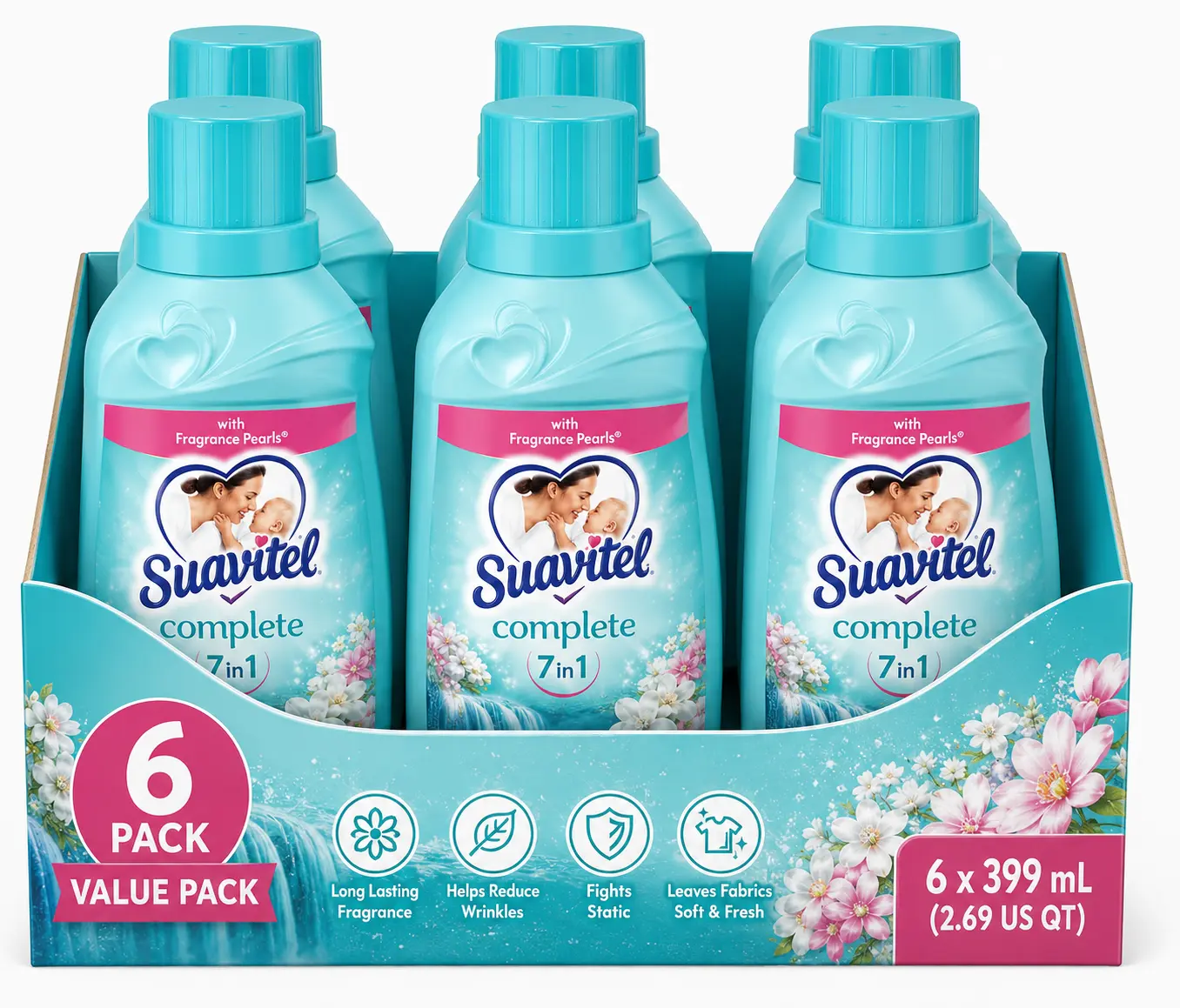 Suavitel Complete 7 in 1 Liquid Fabric Softener with Fragrance Pearls, 6 Pack Value Pack (6 x 399 mL Bottles) – Long-Lasting Freshness, Fabric Softener & Static Control
