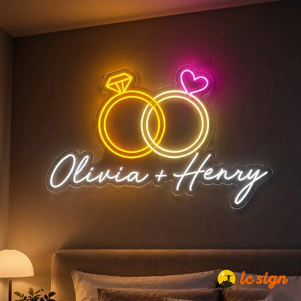 Tony lc sign Custom Couple Engagement Ring LED Neon Sign - Personalized Romantic Wedding Wall Light for Wedding Backdrop, Engagement Party, Romantic Bedroom Wall Decor, Anniversary & Bridal Shower Gift Dimmable Light Up Sign, Available in 32", 47", 95"