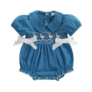 Newborn Baby Girl Bubble Romper Farm Outfit Goose Embroidery Short Sleeve Bows Onesie Bodysuit Smocked Jumpsuit Country Summer Clothes