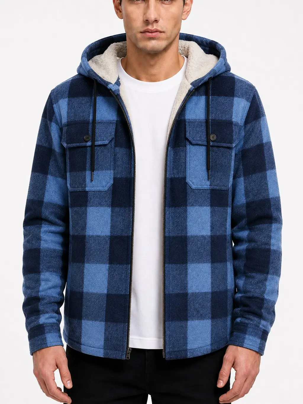 ZITY Men's Plaid Polyester Sherpa-Lined Flannel Zip-Up Hoodie - Long-Sleeve Top with Storage Pockets, Cozy Warm Winter Layer, Fashion Casual Clothing, Men's Tops, Sweatshirt Casual Comfy Warm Menswear