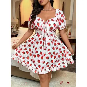 Plus Size Women’s Strawberry Print Sleeveless Dress – Romantic Red & White Design, Short Ruffled Hem, Perfect for Valentine’s Day & Summer, Casual Elegance, Casual Elegance Dress | Print Dress | Short Sleeve Dress, Boho Multicolor Floral