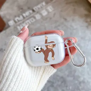 Monkey Soccer Joy Pattern Protective Case for AirPods 4/3/2/1/Pro/Pro2 Soft TPU Earphone Cover, Transparent with Keychain