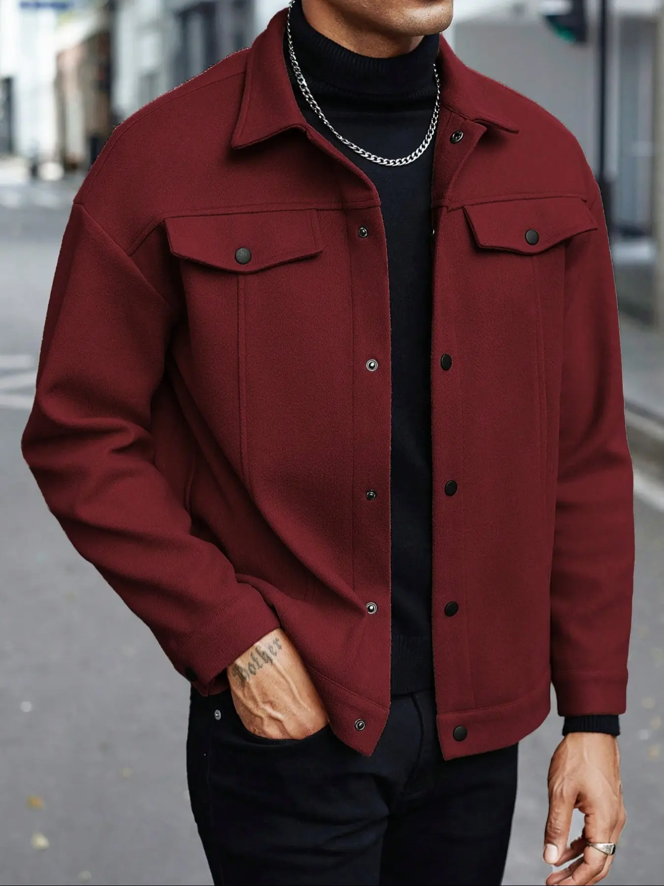 Men's Woven Jacket Coat Autumn Winter Casual Fitted Long Sleeve Button Front Shirt Pocket Design for Daily Wear & Outdoor Activities