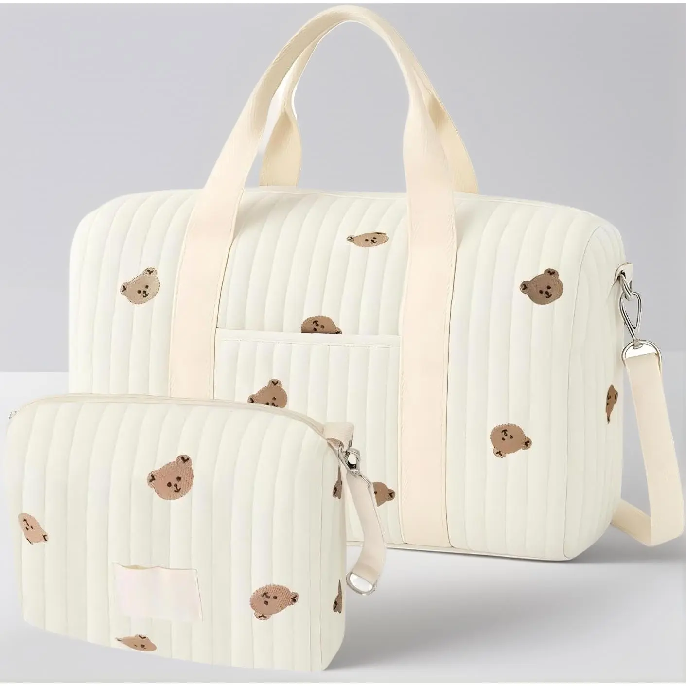 2-Pack Quilted Diaper Bag Set - Large Cotton Maternity Hospital Bag & Tote with Stroller Straps, Labor Delivery Duffel for Travel