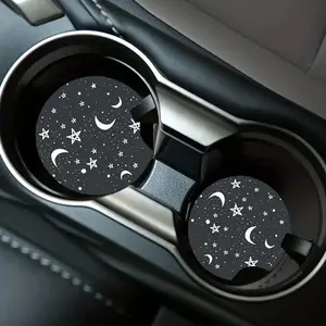 Romantic Moon & Star Pattern Car Coasters, 1 Pair Waterproof Car Cup Mats, Car Interior Decoration Accessories for Men & Women, Car Interior Accessory, Car Desktop Decor, Car Ornament, Car Trinkets, Car Interior Ornaments