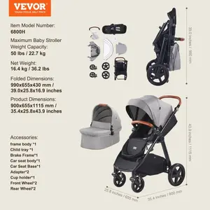 VEVOR Travel System Stroller with Infant Bassinet, 2-in-1 Baby Cradle Stroller Combo, Reversible Seat, Easy One-button Folding, EVA Tires with Brake Aluminum Stroller Carseat Combo Set (Dark Gray)
