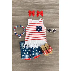 American Flag Glitter Star Denim Short Set