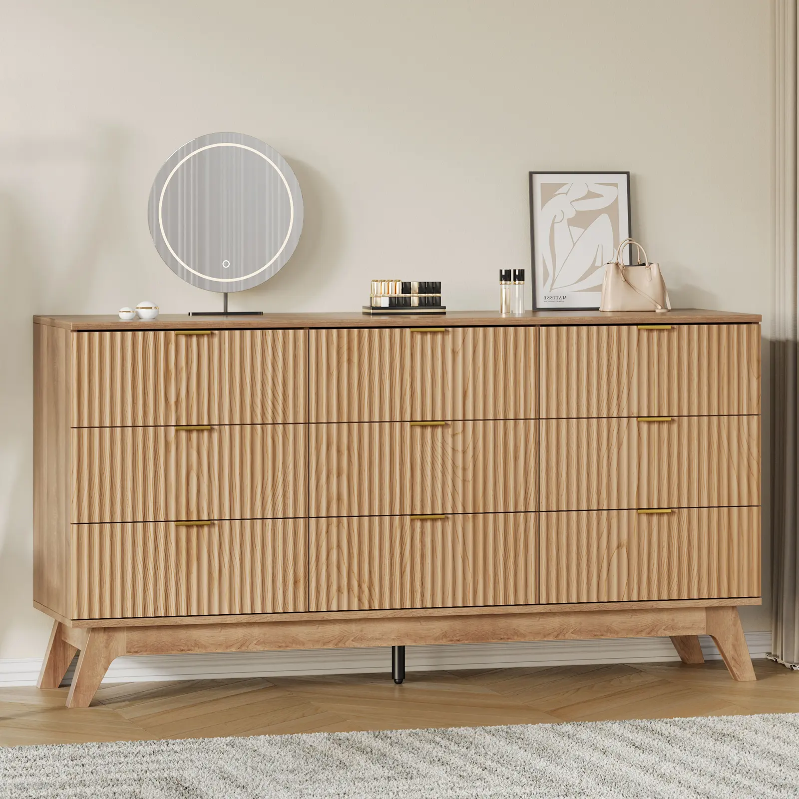 FUSOU 57.1in Oak Wood Modern Bedroom Dresser - 9 Drawers, Fluted Design, Waterproof Top, Room Decor Furniture for Closet Storage & Organization, Living Room TV Stand, Apartment & Nursery Indoor Cupboard