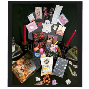 BOO BOX - Blind Date with a Book Box, Includes: Wrapped Book , Designer Glass Tumbler with Lid & Straw, Book Sleeve, Halloween Neon Sign, Skull Candle, Halloween Themed Book Box, Hand Decorated & Wrapped, Bookish Gifts for Her.