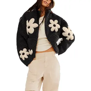 Womens Floral Print Sherpa Fleece Jackets Winter Zipper Cropped Coat Casual Long Sleeve Outwear with Pockets