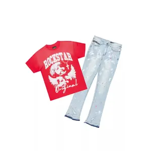 Deiter Red Oversized T-Shirt/Stacked Flare Jean Set