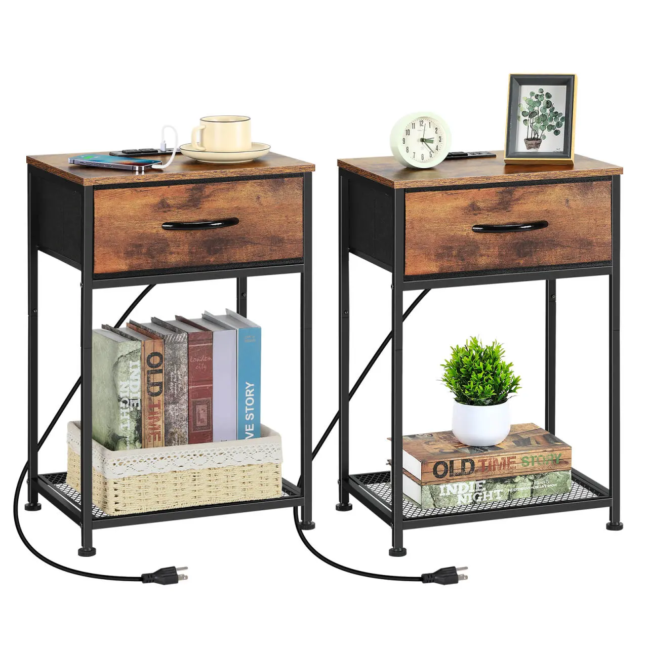 Modern Bedside Side Table with Charging Station - Small Size, 2 USB+AC Ports, Removable Fabric Drawer, Open Mesh Storage Shelf for Bedroom, Small Spaces Home Organizer Storage Rack