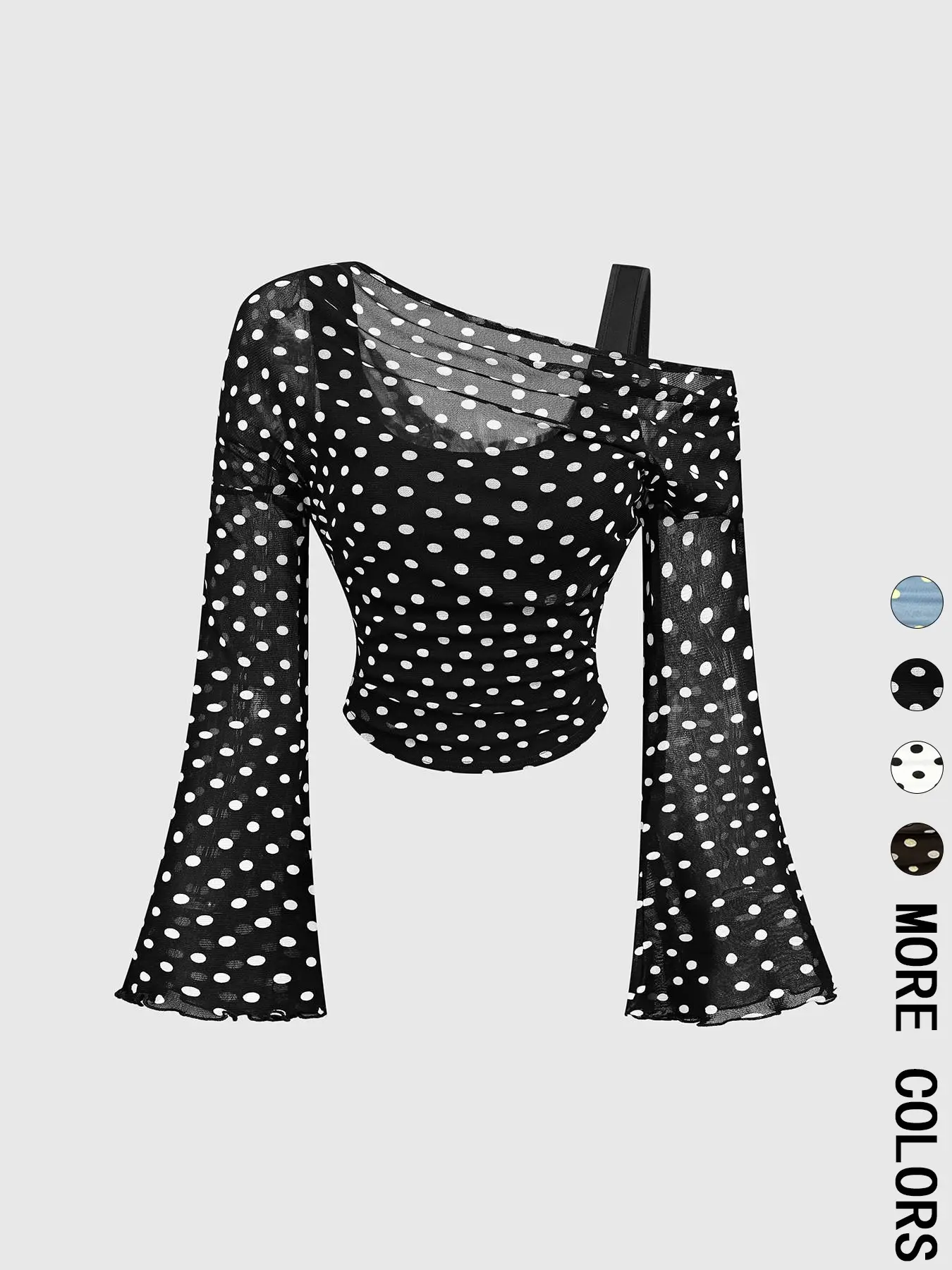 1 Piece Retro Polka Dot Asymmetrical Neckline Flare Sleeve Blouse, Elegant Casual Top, Sheer Mesh Design, Lightweight and Breathable Knit Fabric, Long Sleeve, Ideal for Office, Date Night, Vacation and Daily Wear