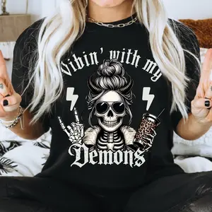 With My Demons Spiky Skeleton Shirt, Black Humor, Sarcastic Proverbs, Gothic, Demon, T-shirt,tee
