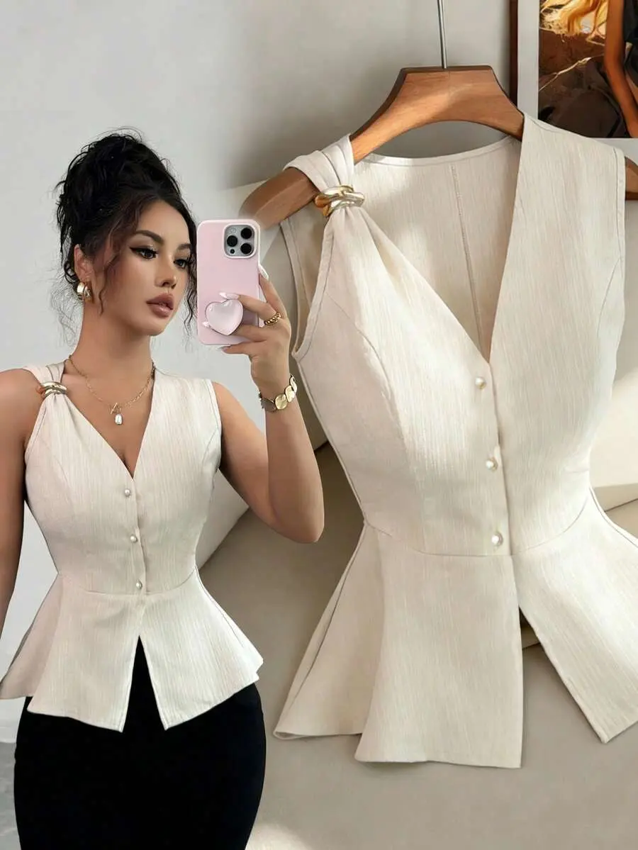 New Stylish Metal Buckle Design V-Neck Sleeveless Blouse, Waist Cinching, Versatile For Women, Summer