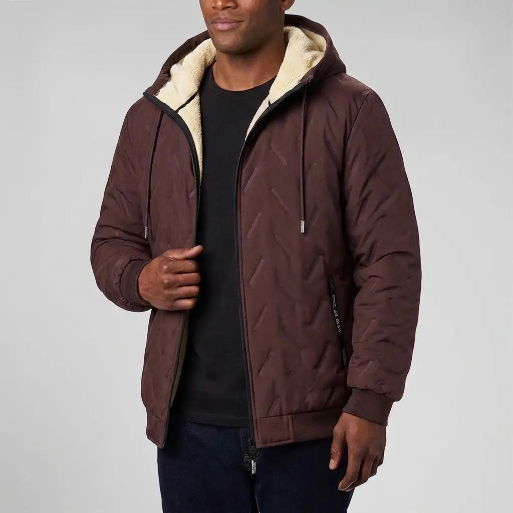Mr.Pink Menswear Men's Minimalist Plain Fitted Polyester Fleece-Lined Warm Full-Zip Zipper Textured Hooded Jacket - Outdoor Winter Daily Wear, Christmas Gift