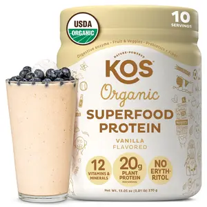 KOS Plant Based Protein Powder, Vanilla USDA Organic - Low Carb Pea Protein Blend, Vegan Superfood Rich in Vitamins & Minerals - Keto, Soy, Dairy Free - Meal Replacement for Women & Men - 10 Servings