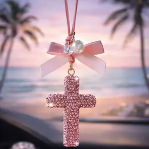 Car Interior Accessories Water Drill Cross Bow Pearl Hanging Ornament, Bling Shiny Rearview Mirror Car Decor Gift for Women, Girly Car Accessories