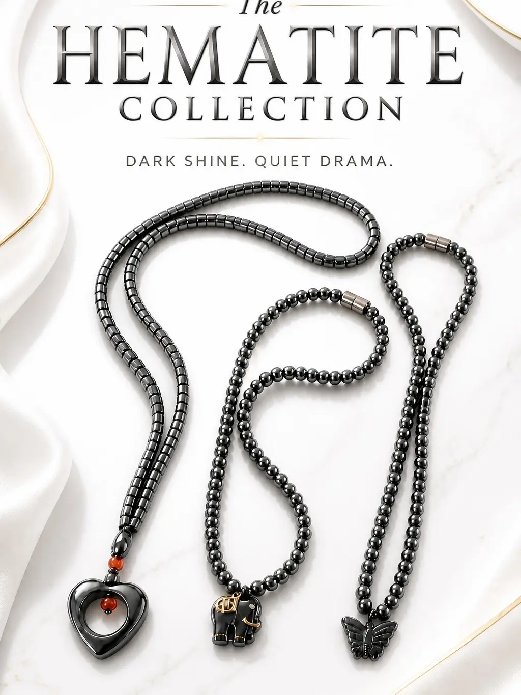 Magnetic Hematite Necklace Set, Polished Geometric Classic Design - 2 Bead Necklaces, 24" Pendant, Complimentary Hematite Bracelets Free, Meaningful Gifts for Costume Jewelry Lovers, Easy Magnetic Clasp, Anniversary, Birthday, Bundle, Heart Necklaces