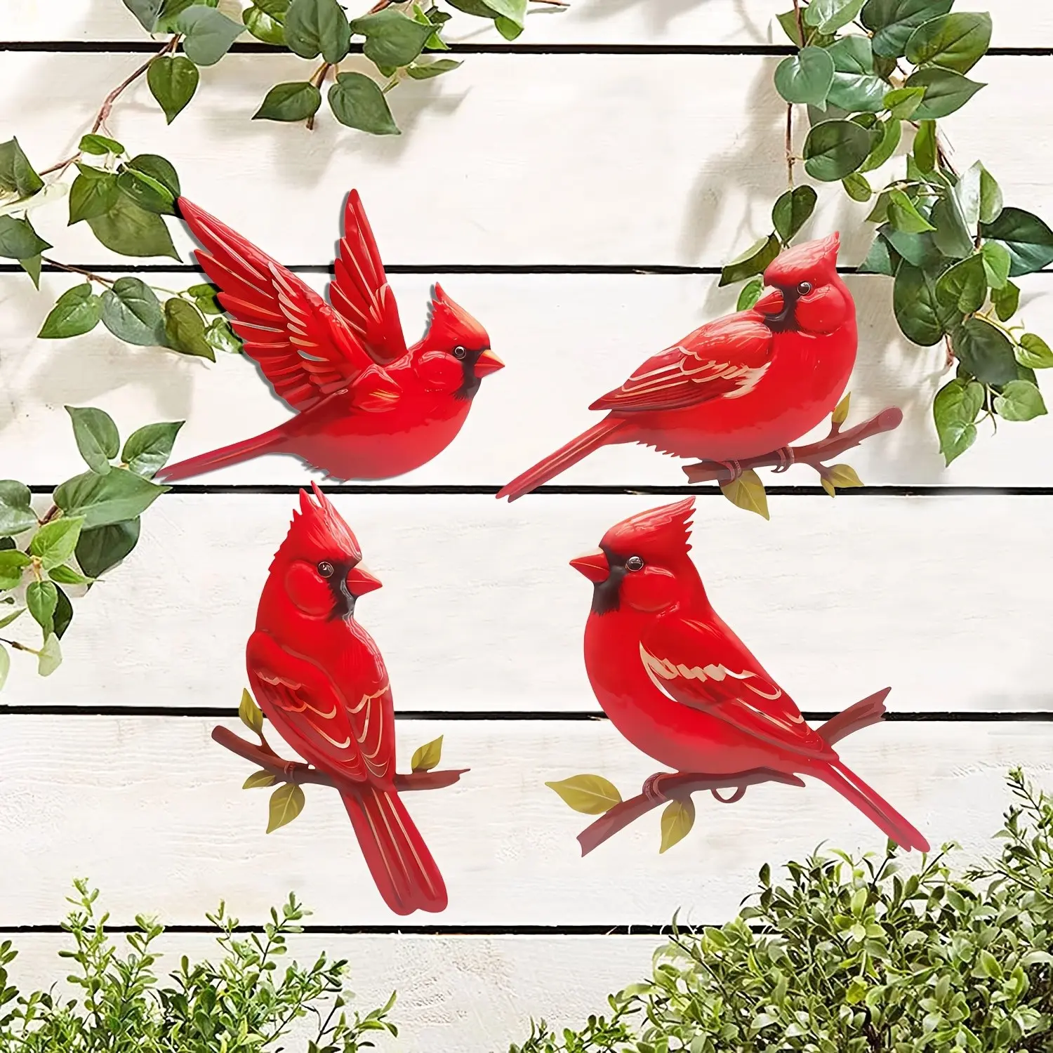 4 Pack Cardinal Metal Wall Art, Iron Birds Outdoor Sculptures, Indoor/outdoor Decor, Handmade Bird, Whimsical Fence Decor for Living Room, Garden Sculptures and Decor