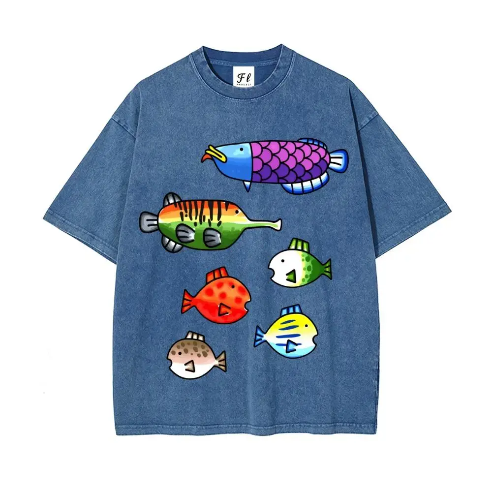 Menswear Short-Sleeve Trendy T-Shirt, Unisex Vintage Washed Streetwear Tee with Colorful Wii Fish Print
