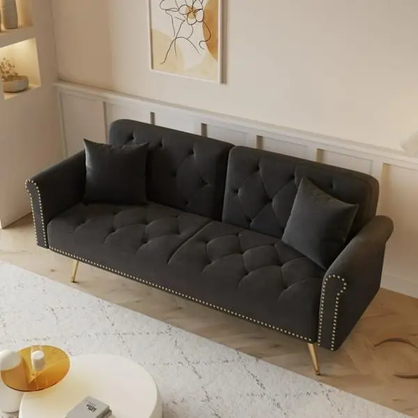 71-in Convertible Futon Sofa Bed - Modern Reclining Loveseat Boneless Couch with 2 Pillows, Sofas Living Room Black Furniture for Small Apartments, Boneless Couches