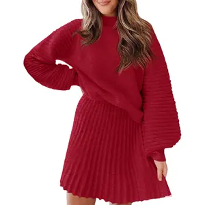 Imily Bela Women's 2 Piece Outfits 2025 Long Sleeve Mock Neck Ribbed Sweaters And Mini Skirt Two Piece Sets