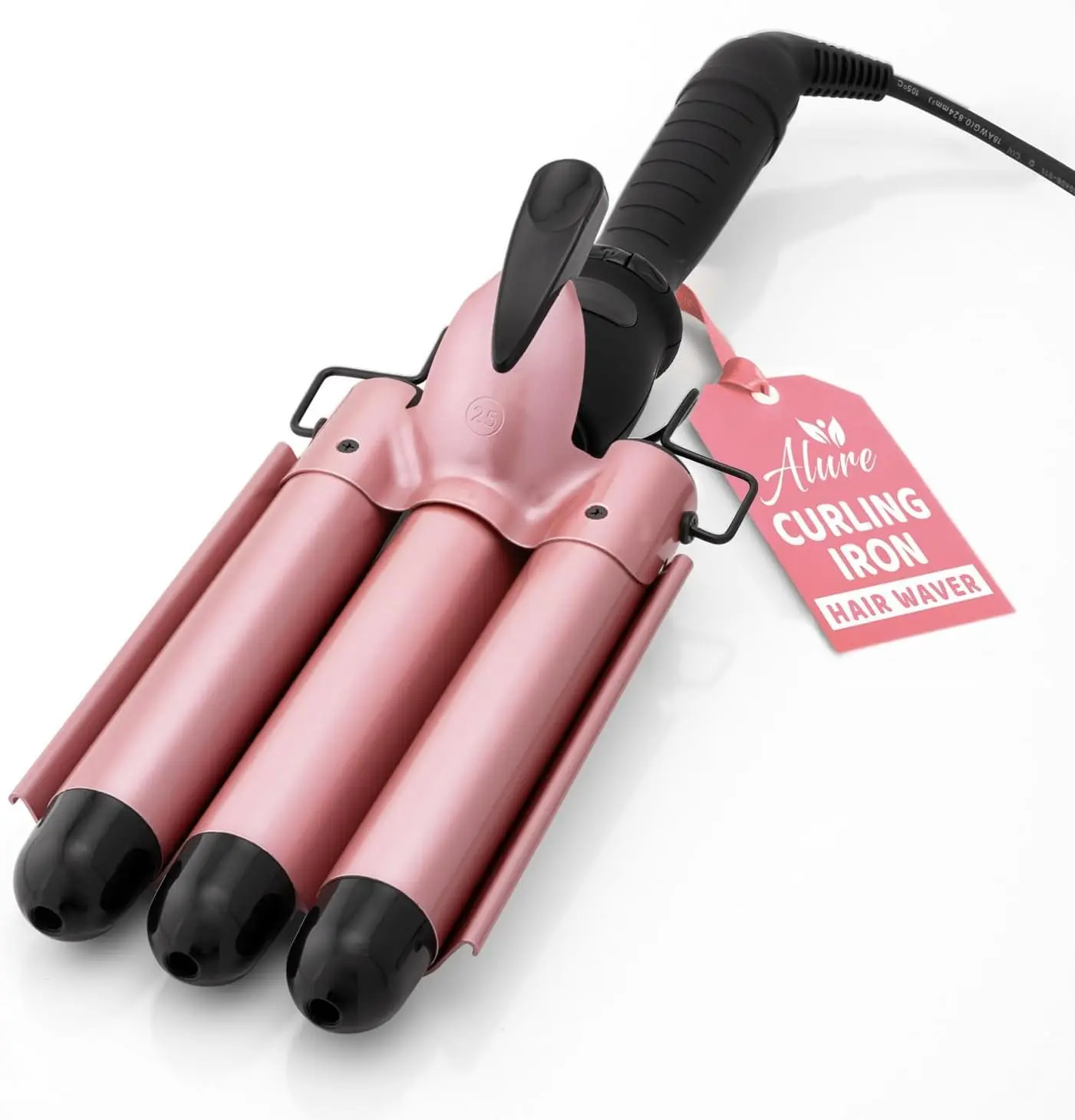 Alure 1-Inch Ceramic Tourmaline 3 Barrel Curling Iron Wand Hair Waver - LCD Temperature Display, Dual Voltage, Adjustable Salon Crimp Tool (Rose Gold)