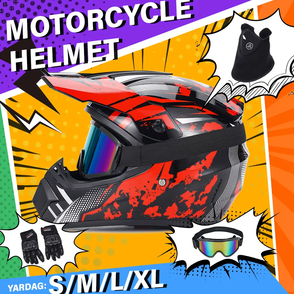 Riding Protective Gear Full Coverage Bundle - Riding Helmet (Red), Anti-Fog Goggles, Breathable Mask, Grip Gloves for Head Protection & Rider Safety Equipment
