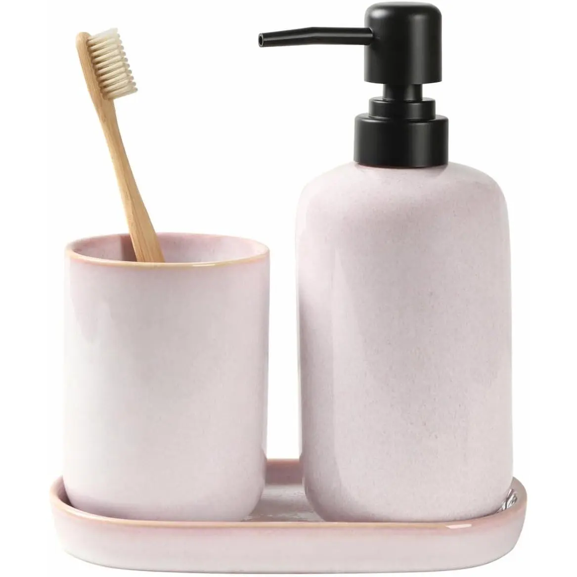 Ceramic Bathroom Accessory Set - Light Pink Glossy 15.5oz Soap Dispenser, 10.6oz Toothbrush Holder with Tray, Modern Countertop Set for Bathroom, Vanity