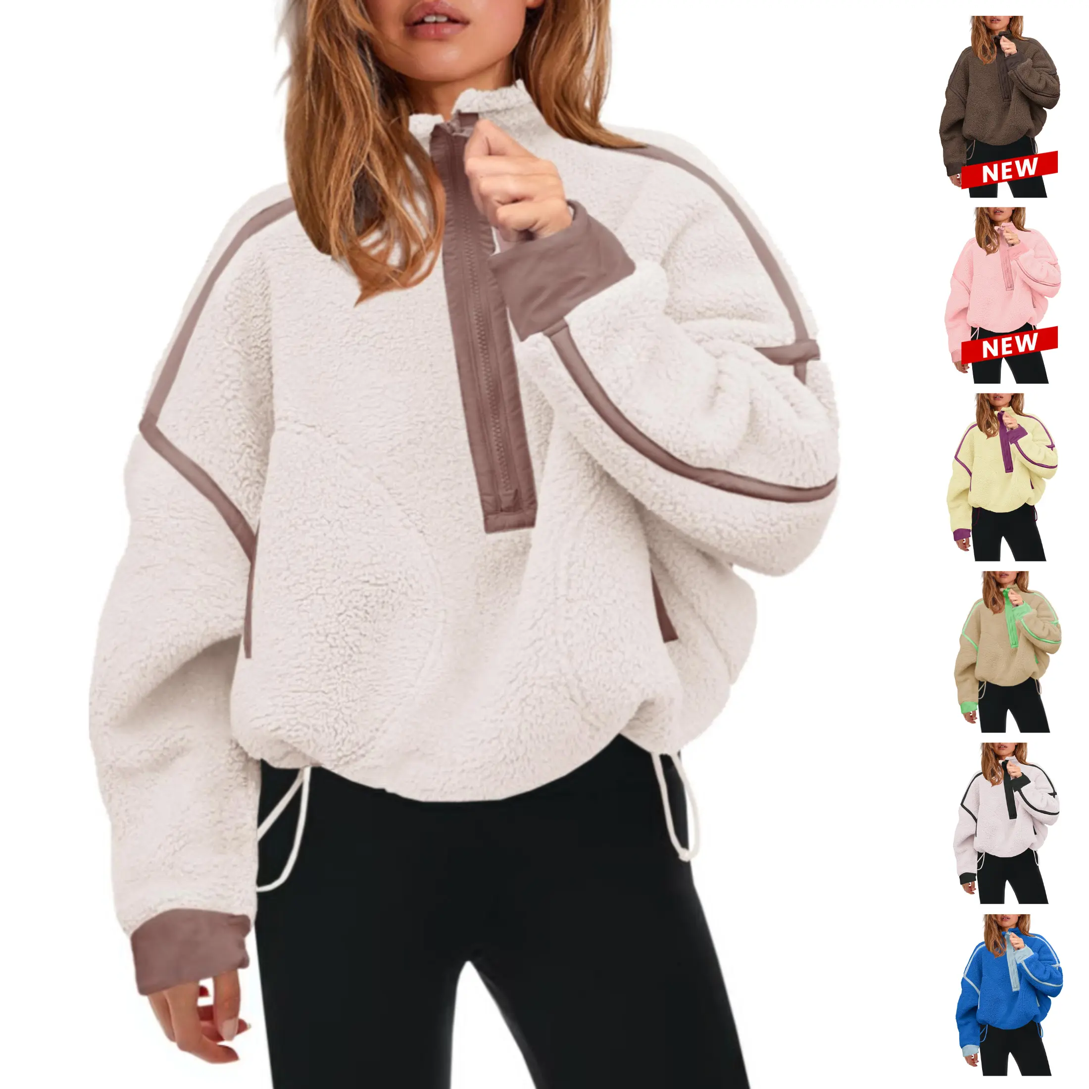 JovenPara Women's Loose-Fitting Half-Zip Sherpa Fleece Pullover Hoodie, Longsleeves Polyester Tops with Pockets, Warm Fuzzy Casual Sweatshirt for Daily Wear, Casual Comfy Pullover, Casual Streetwear Sweatshirt