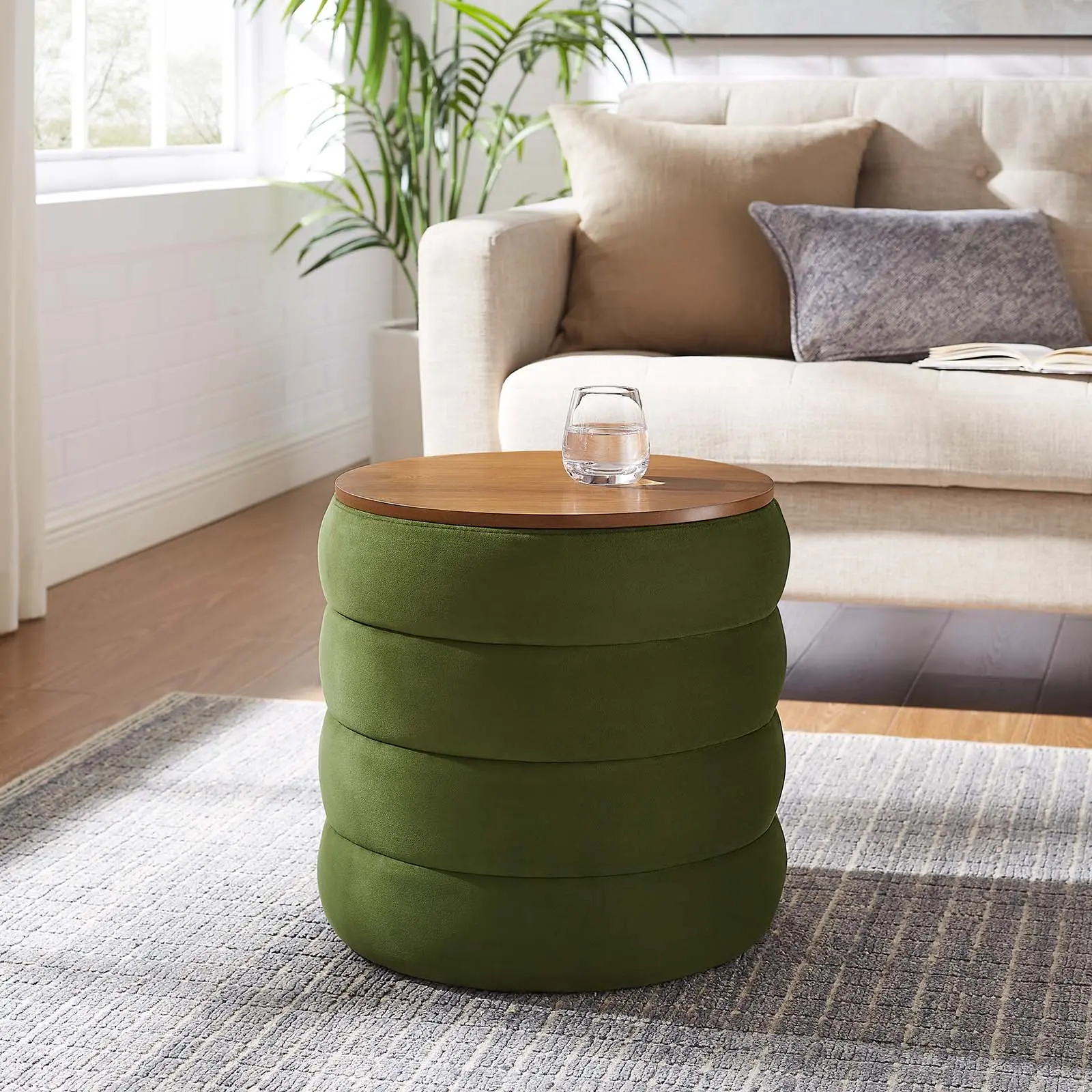 Modway Mezzo Round Channel Tufted Performance Velvet Storage Ottoman - Moss Green Upholstered Foot Rest Stool, Hidden Lid, Densely Padded Pre-Assembled Living Room Vanity Furniture, 264 lbs Capacity Living Room Decor Piece