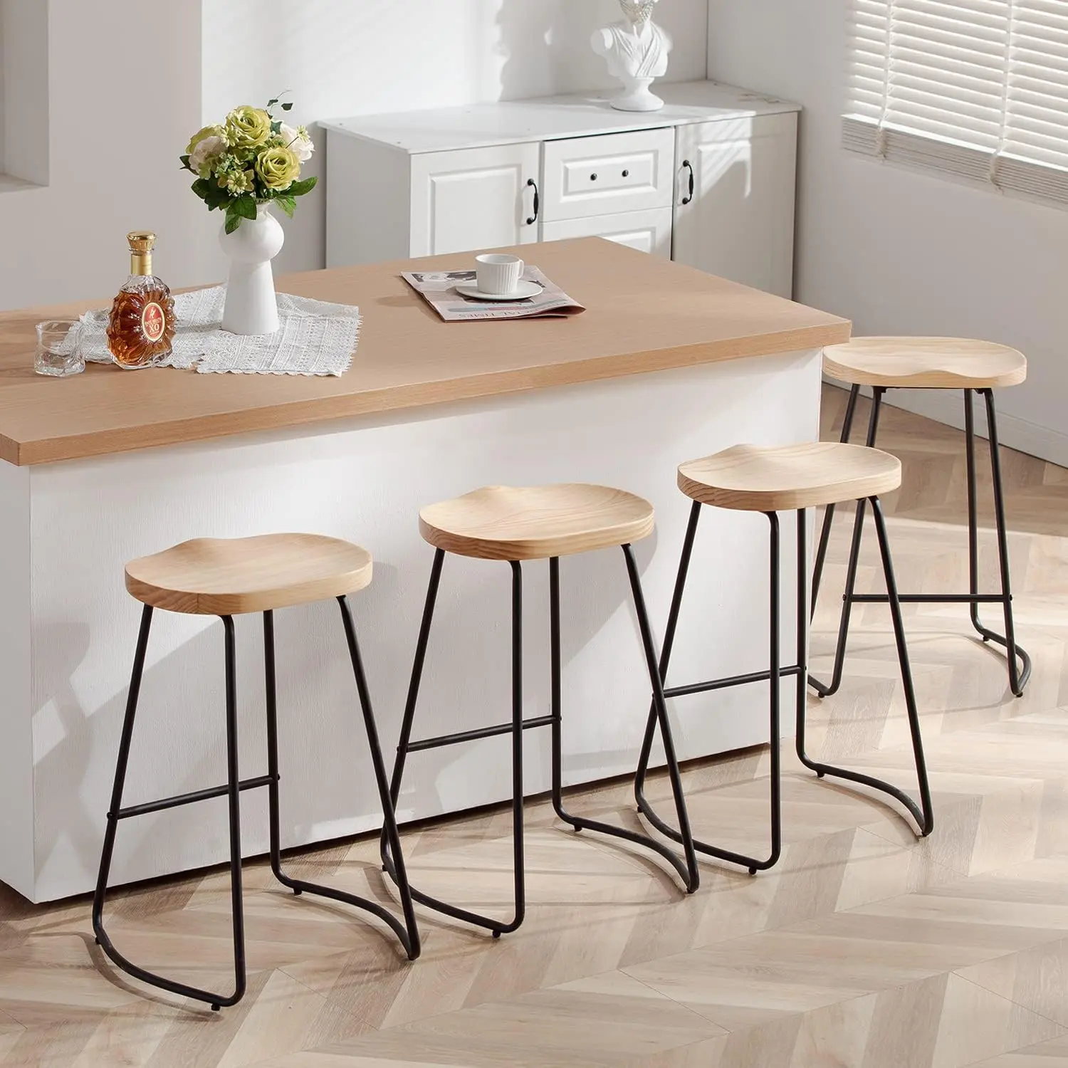 FIRAVOE 4-Piece Assembled Pieces Barstools - Minimalist Backless Saddle Seat Industrial Counter-Height Chairs with Rubberwood Accents, Metal Legs for Rustic Indoor Use, Barstool