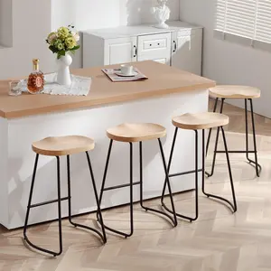 FIRAVOE 4-Piece Minimalist Backless Saddle Seat Bar Stools - Industrial Counter-Height Stools with Rubberwood Accents, Metal Legs for Rustic Indoor Use