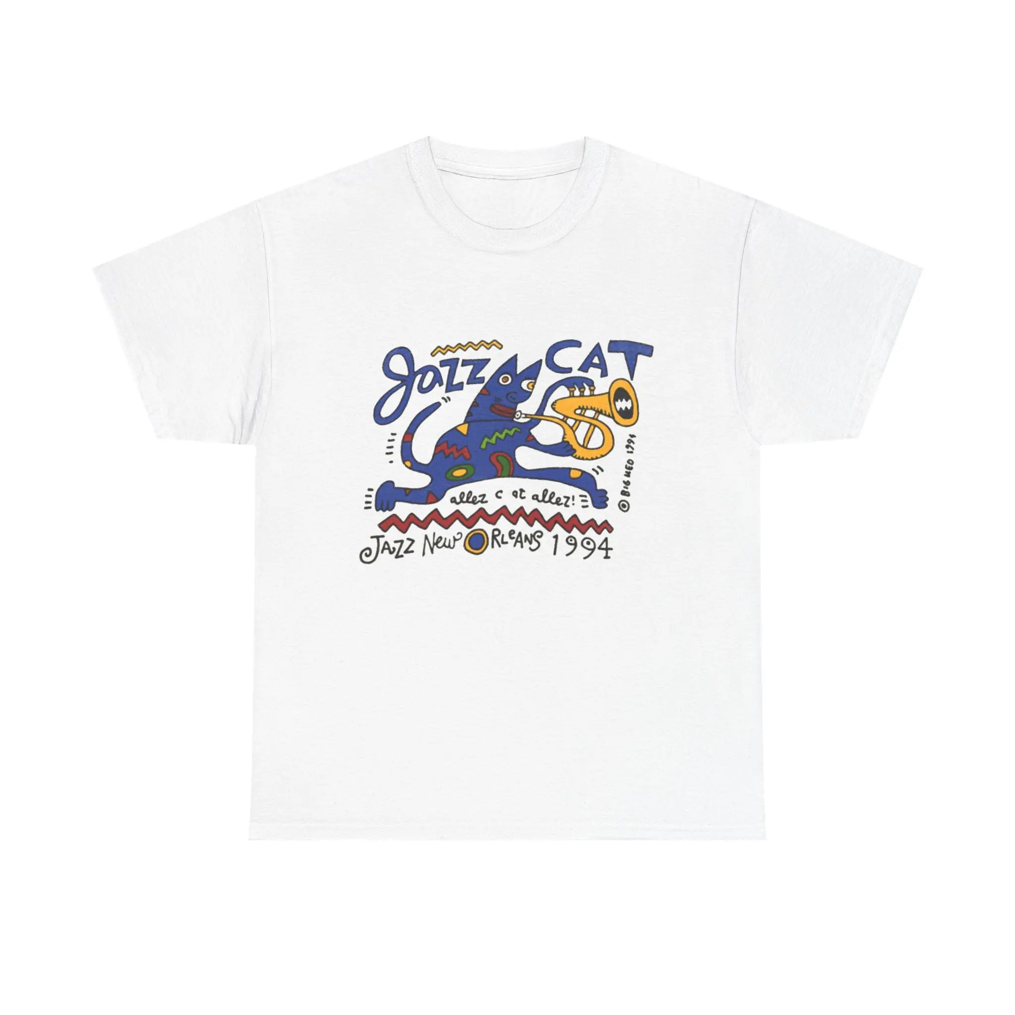 Oloey Men's Vintage Jazz Cat Graphic Short-Sleeve T-Shirt - Ribbed Round Neck, Tubular Knit Seams, Relaxed Fit, Dual Printing, Lightweight Cotton Streetwear Classic, Soft, Cold Wash Casual Menswear Top (Denim, Elastic)