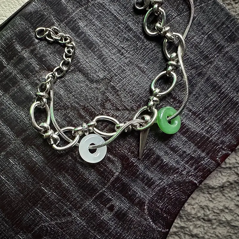 Chinese Style Double Layer Peace Donut Bracelet Unisex, Hip Hop Minimalist Titanium Steel Wristband, Unique Designer Jade Bead Spike Charm Stacked Jewelry, Ins Oriental Streetwear Versatile Hand Accessory, Anti-Tarnish Neutral Daily Layering Ornament