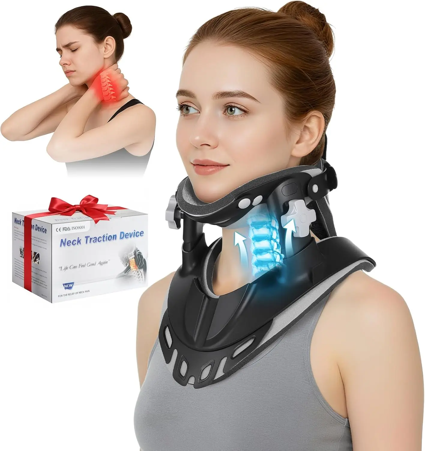 Cervical Traction Device, Neck Stretcher for Pain Relief at Home & Office, 3 Power Traction, Adjustable Ergonomic Support Brace for Spine Alignment, Lightweight and Portable