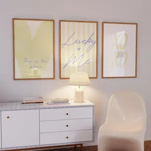 Butter Yellow Lucky Me Pin Stripe Set of 3 Wall Art - Lucky you Quote Poster -Dorm Aesthetic Preppy Coquette Art - Digital Download Set