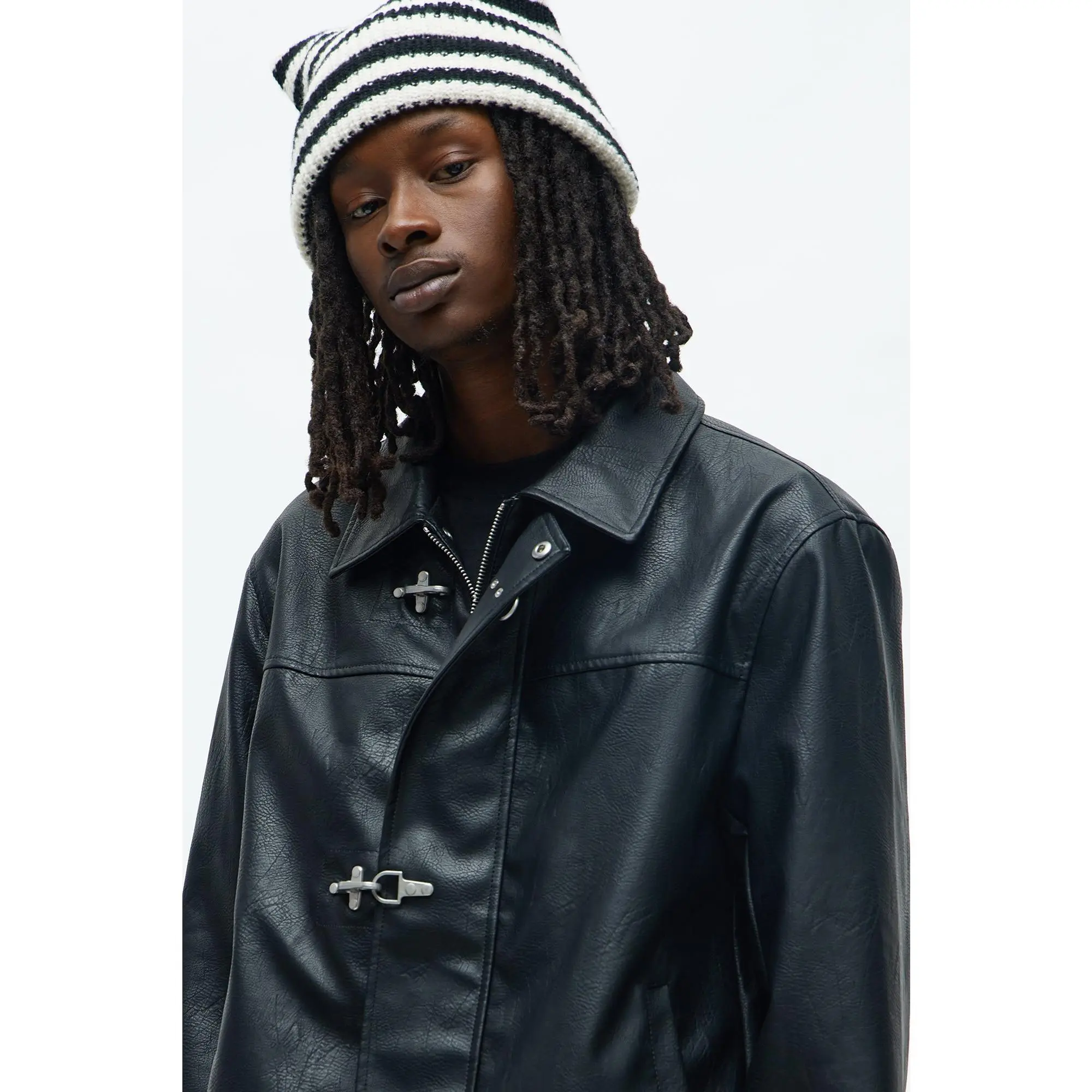 Fireman Clasp Faux Leather Jacket - Black - TikTok Shop
