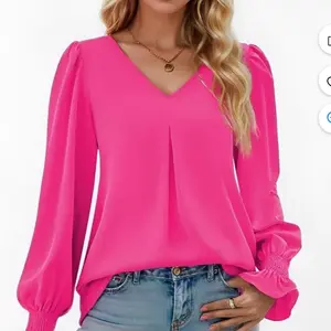 Women's Long-Sleeve Smocked-Cuff V-Neck Blouse in Pink with Flattering V-Neckline, Long Balloon Sleeves, and Delicate Shoulder Pleats - Shirts Top