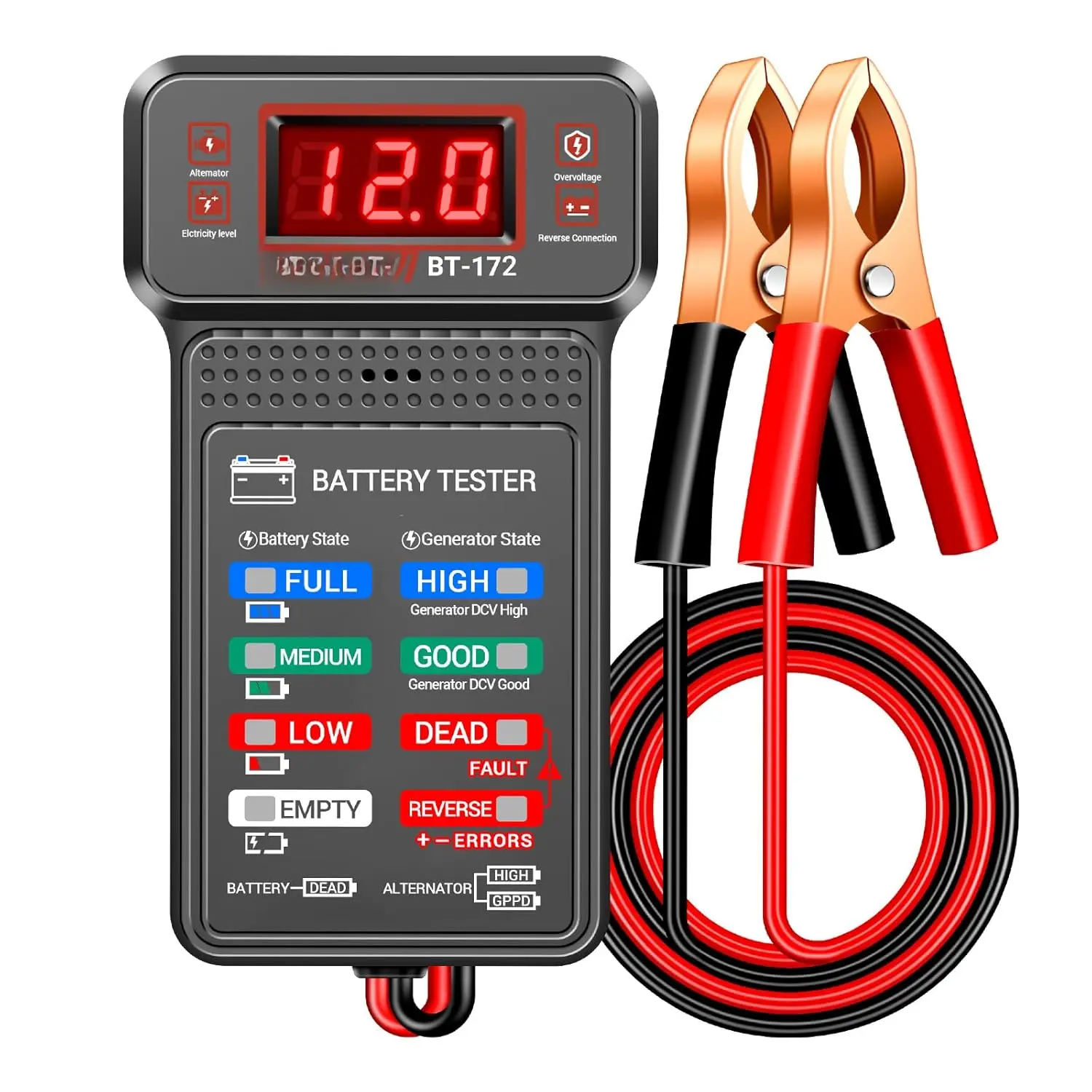12V Digital Car Battery Tester - Automotive Diagnostic Tool, Alternator Analyzer with LCD Display, LED Indication for Electrical Tools