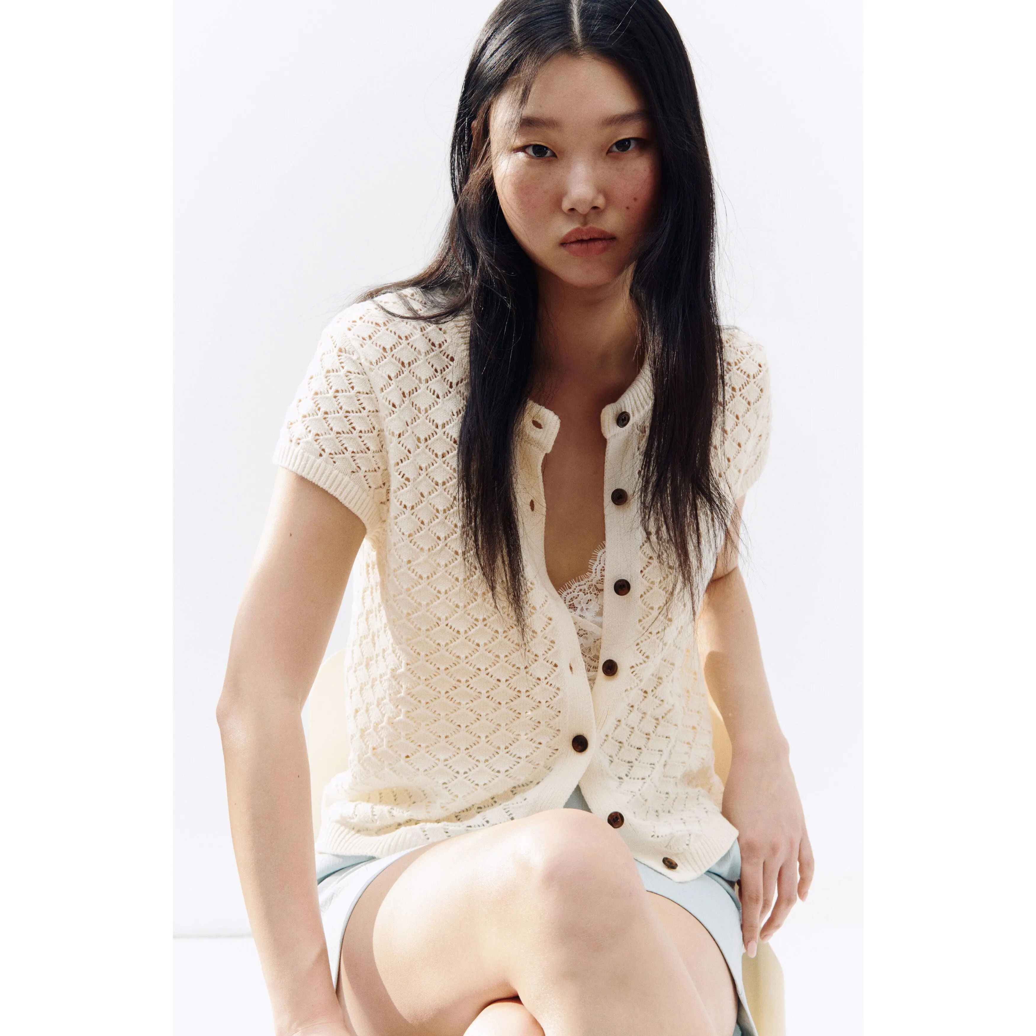 H&M Cap-sleeved pointelle-knit cardigan