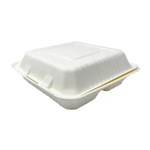 Zume Compostable 9" x 9" 3-Compartment Clamshell Take-Out Food Containers – Eco-Friendly & Disposable – Natural – Pack of 100